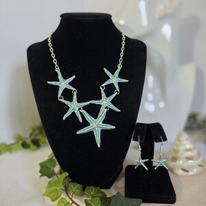 Boho Silver and Turquoise Blue Starfish Necklace and Earrings Set